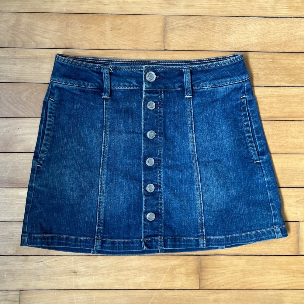 American Eagle Denim Mini Skirt Dark Wash Button Front Stretch Size 0 A-Line